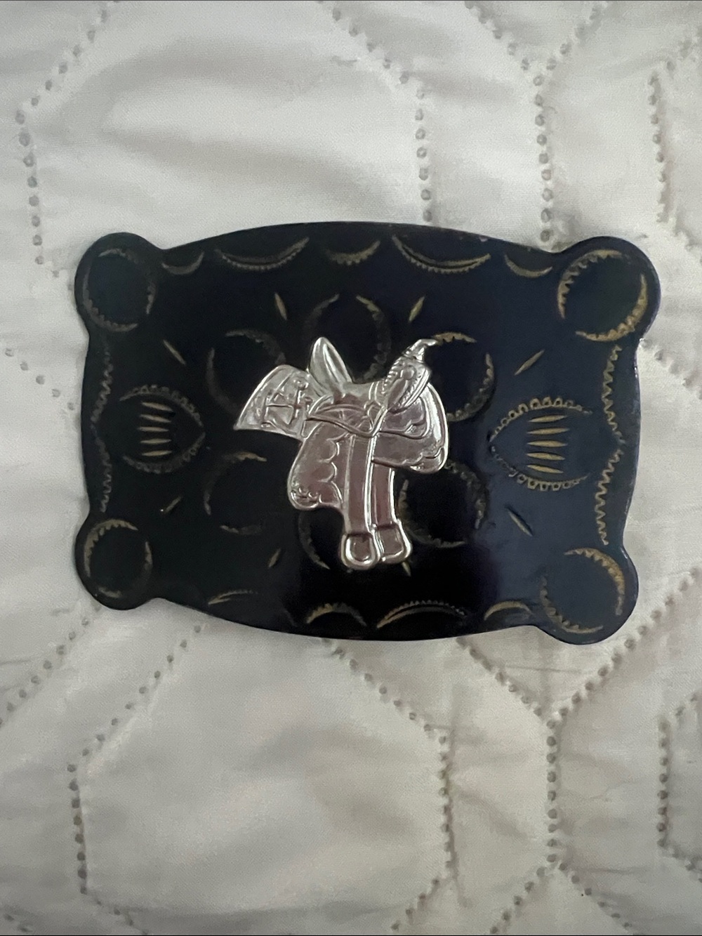 Vintage Western Saddle Cowboy Belt Buckle - Black and Silver